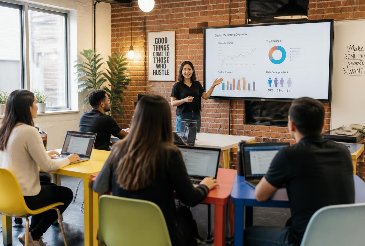Alunos em sala de aula descontraída aprendendo com projeção de indicadores