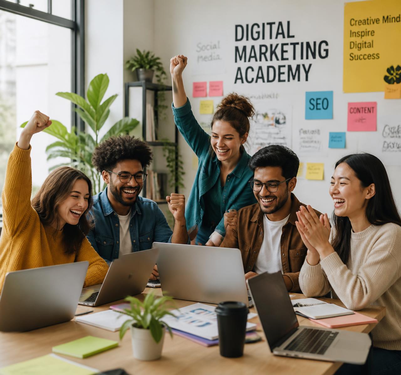Turma animada aprendendo junto em uma sala de aula moderna e descontraída