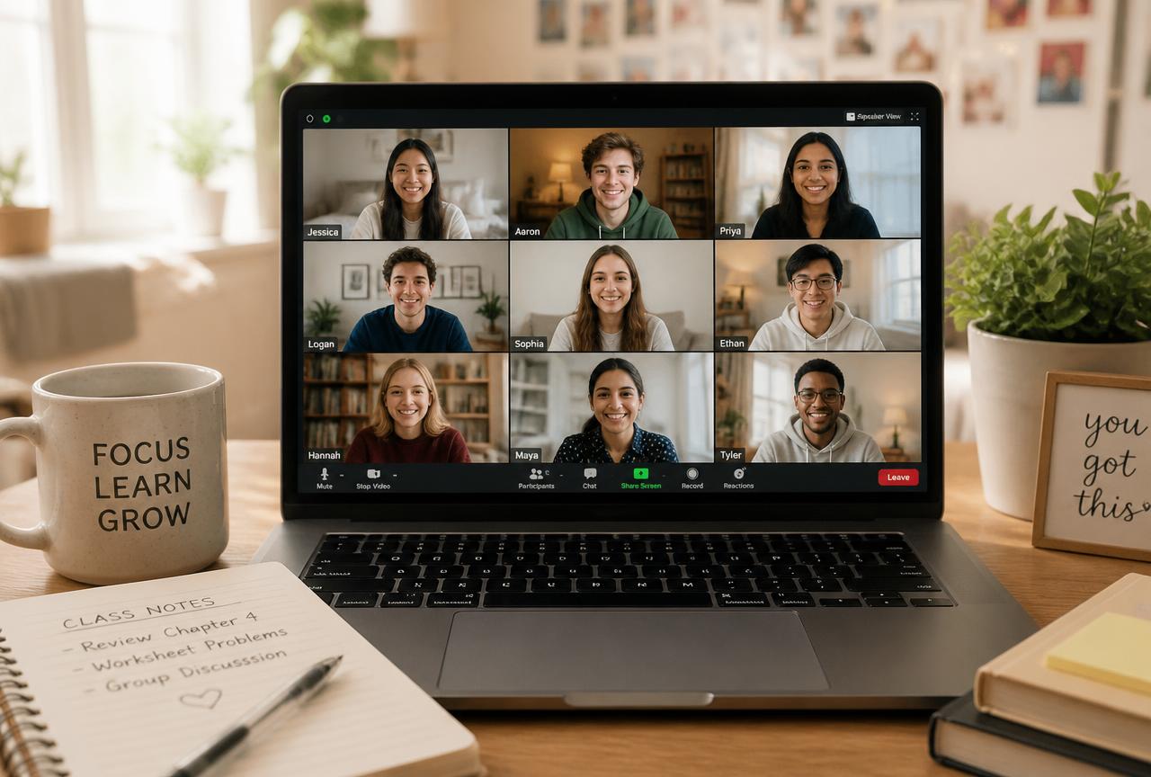 Aula online ao vivo pelo Zoom com a turma sorrindo na tela do notebook